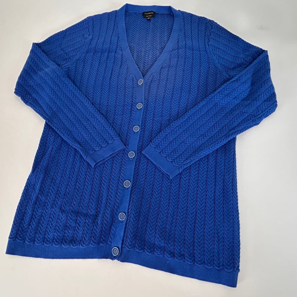 Talbots Cardigan Large Blue 100% Prima Cotton V Neck